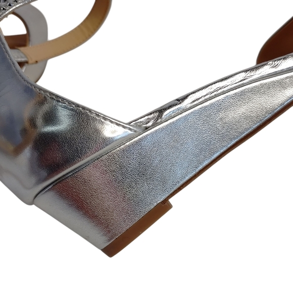 Badgley Mischka Silver Open Toe Rhinestone Ankle Strap Wedge Heel Sandals Sz 7.5 - Picture 8 of 12